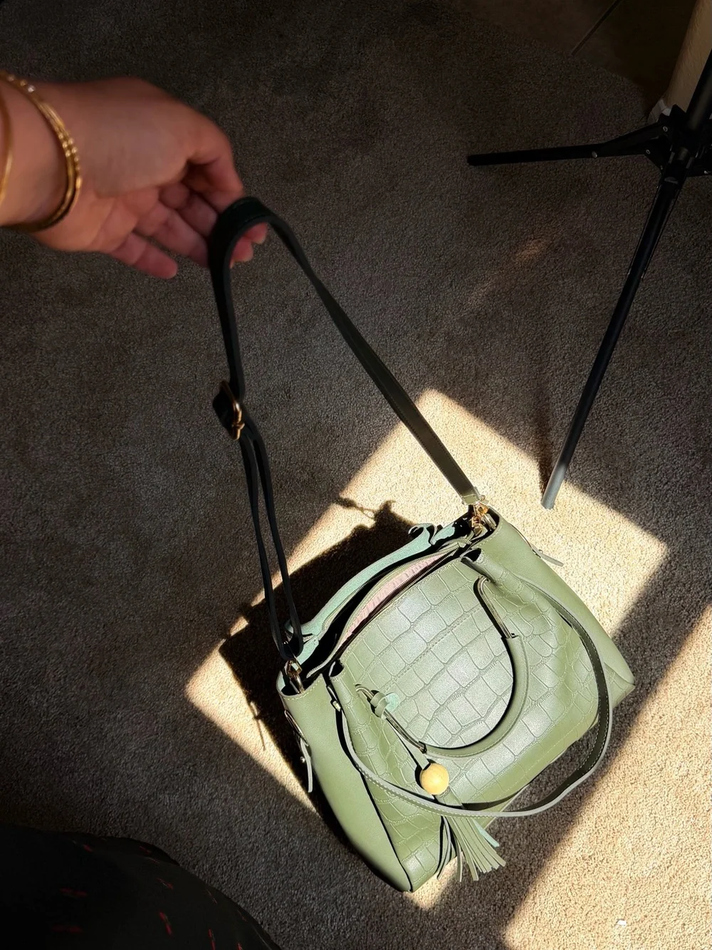 Source Unknown Olive Green Croc-Embossed Satchel with Tassel
